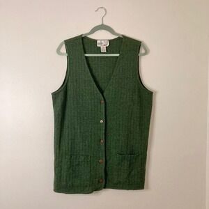 Vintage Pebble Court Green Ribbed Cable Knit Button Down Vest